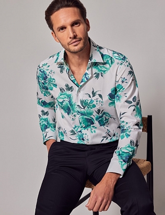 3Картинка Рубашка Hawes & Curtis Piccadilly White & Green Floral Diamond Weave Shirt